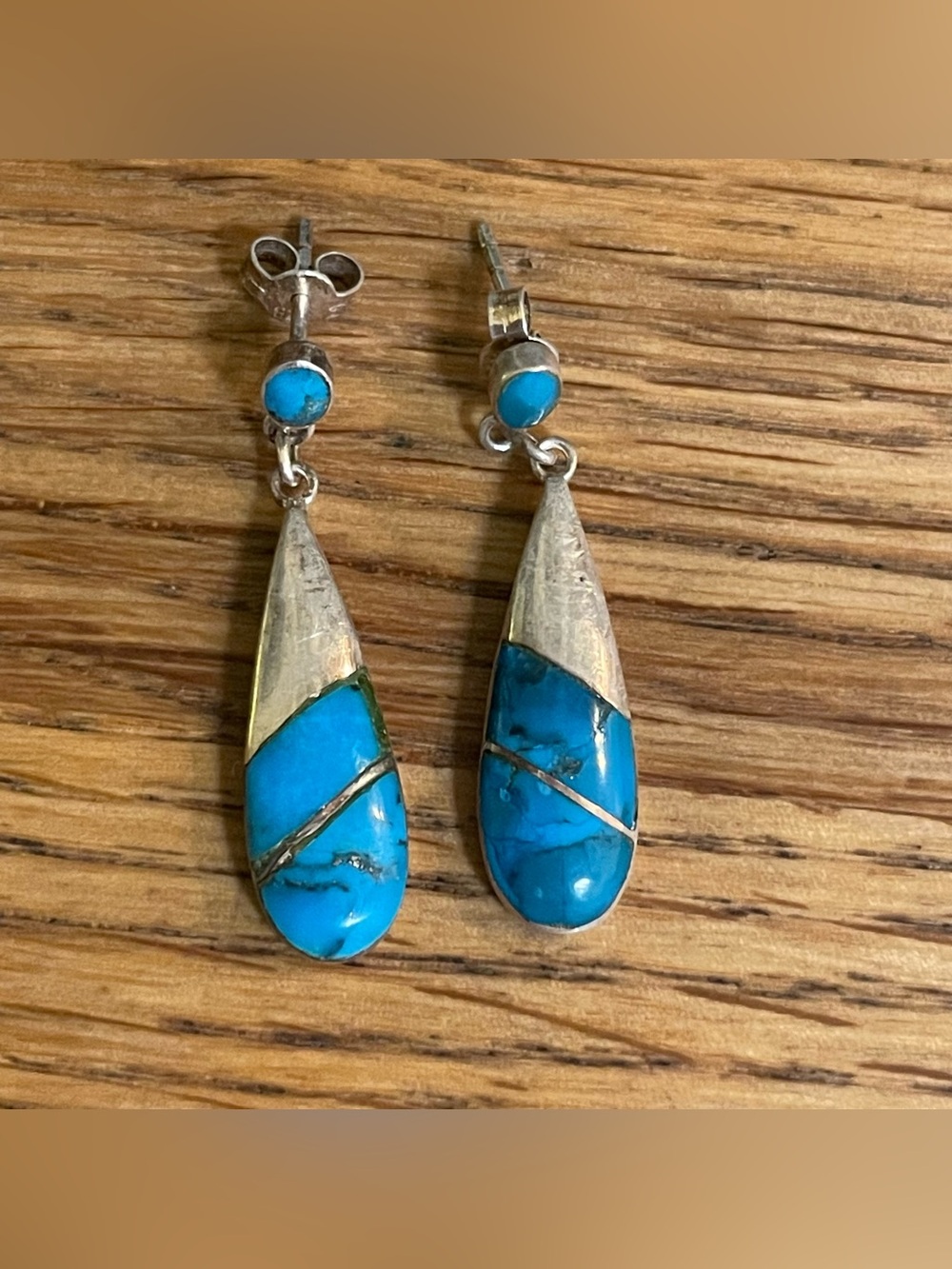 Vintage Handcrafted 925 Sterling Silver Turquoise Inlay Teardrop Dangle Earrings